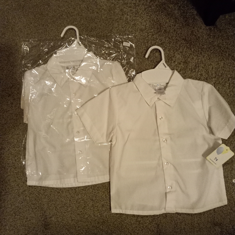 2 PACK -Petit Ami white short sleeve shirt boys unisex #4598S, 4T, 2 SHIRTS